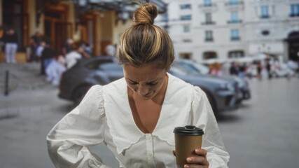 Young blonde woman in white blouse holding coffee cup, hand on abdomen, grimacing in pain while standing on a busy street; nausea discomfort. - Powered by Adobe