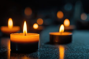 Group of glowing tealight candles illuminating a textured surface against a dark backdrop