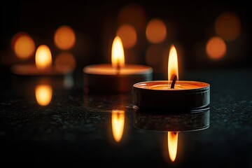 Three burning tealight candles reflect on a dark, glossy surface, bokeh lights in background