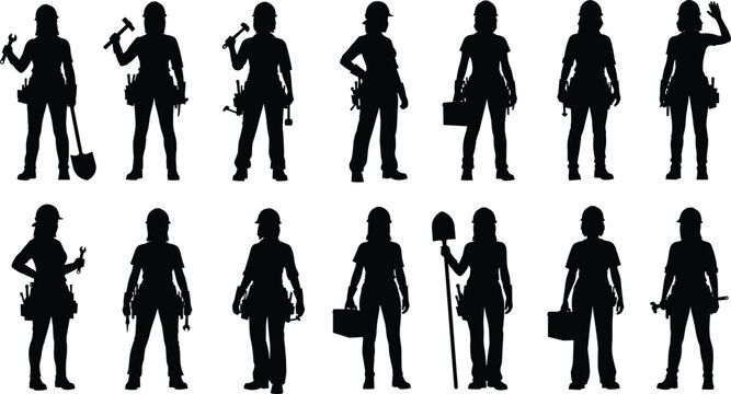 Female construction worker silhouette, tool belt, hard hat, diverse pose, labor gear, cad drawing flat vector illustration, safety, inclusion