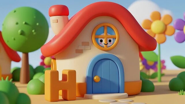 3D Cartoon House Animation &ndash; Alphabet H Kids Learning H for House &ndash; Cute Little House Loop 3D Cartoon