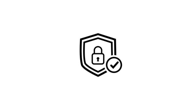 Black shield with padlock and checkmark icon on white background security protection