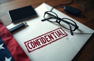 Confidential stamped paper with glasses, USB drive, and phone on desk. Documents marked with red stamp represent secret information for business or government.