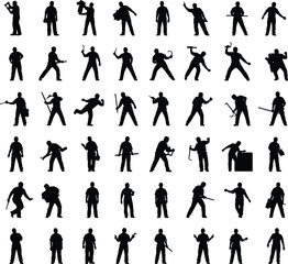 Worker silhouette, profession icon, manual labor, construction pose, tool holding action, cad drawing flat vector illustration, safety gear, occupation