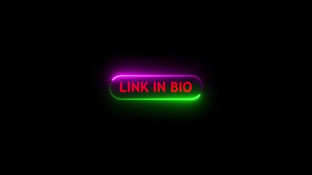 Neon sign " LINKINBIO" with red and green glow on black background link in bio text