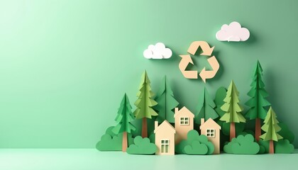 Paper cut trees houses and recycling symbol on mint background illustrate eco friendly living. Sustainable community concept promoting environmental care and green energy.
