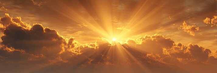 Golden sunrise brilliant sunlight bursts through clouds in warm, evocative panorama