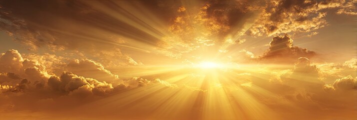 Golden sky with sun rays streaming through clouds, creating a warm, heavenly glow