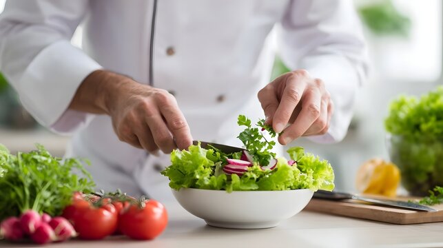 A professional chef dressed in a white uniform uses tongs to add fresh parsley as a garnish to a colorful healthy salad composed of lettuce and radishes on a kitchen counter