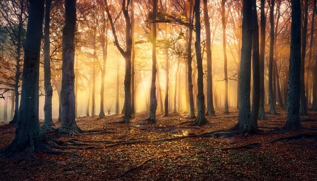 Misty Forest Glows Eerie Luminescence Rows Intricately Carved Embedded Trunks Cast Warm Golden Light