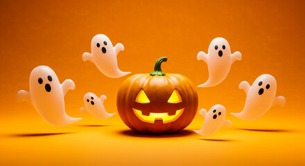 Jack-o'-lantern with cartoon ghosts on orange background.