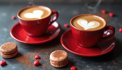 Two cups cappuccino with heart shaped latte art steam rising. Red cups saucers macarons and heart shaped candies arranged on table. Romantic morning breakfast concept for Valentine Day.