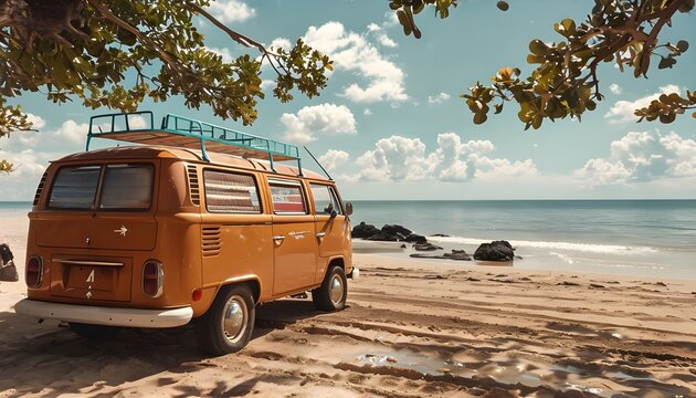 Vintage Orange Van Beach Scene Virtual Background 