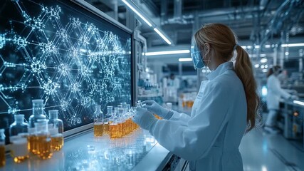 Futuristic Lab Research - Scientist Analyzing Data on Screen. - Powered by Adobe