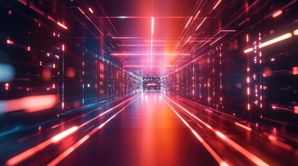 Digital data flowing through abstract neon tunnel