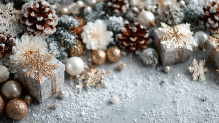 Christmas arrangement featuring snow-covered ornaments, pine cones, berries, and decorative snowflakes on a dark surface