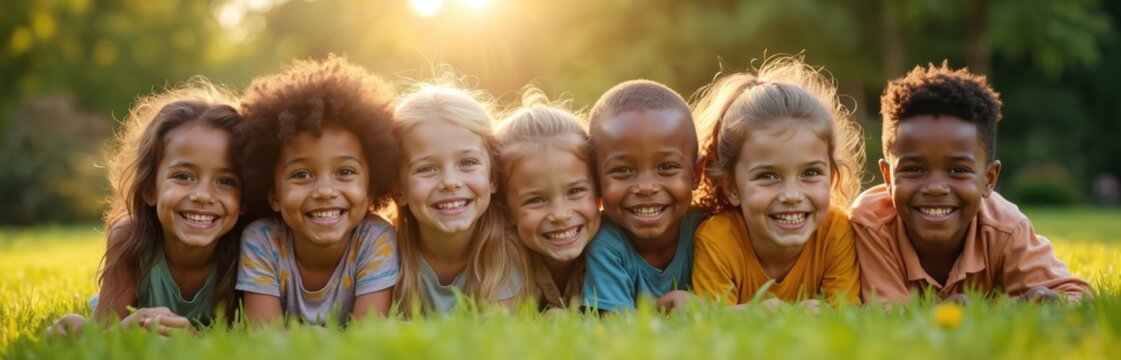 Diverse group of happy children lying on green grass in garden. Smiling at camera with bright eyes, joyful expressions, bathed in warm sunlight. Children from different ethnicities enjoy time - Powered by Adobe