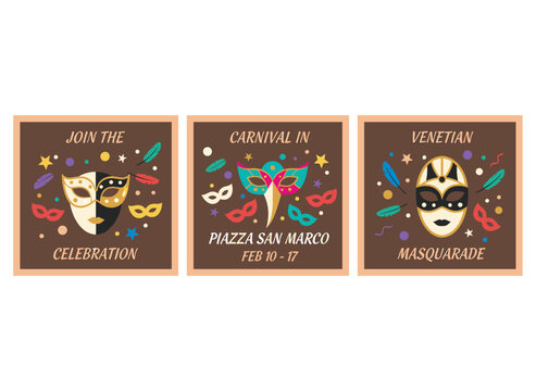 A set of square invitation templates featuring classic Venetian masks and costumes, suitable for carnival, Mardi Gras events, performances, or masquerade balls, illustrated in a linear vector style - Powered by Adobe