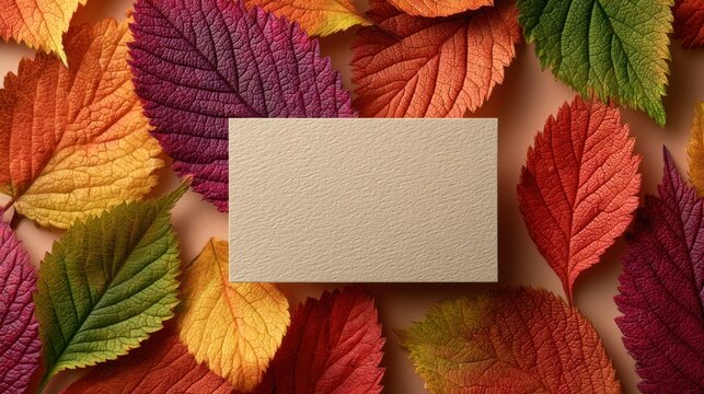 Autumn leaves frame a blank paper card for notes on dark background in a flat lay style, top view shows seasonal colors and copy space for fall message - Powered by Adobe