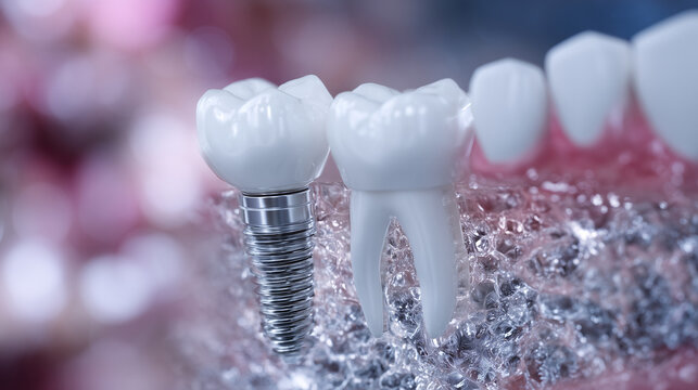 Exploded-view diagram of molar implant system, crown, abutment, and titanium screw floating above bone model, detailed periodontal structures surrounding, high-clarity textures and