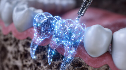Close-up render of premolar implant insertion path, precise drill tunnel shown in glowing outline, implant body suspended mid-placement, microscopically detailed bone texture