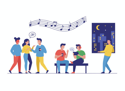 A flat vector illustration of a lonely introverted girl feeling discomfort in a crowd, highlighting mental health, psychological issues, communication challenges, and social anxiety