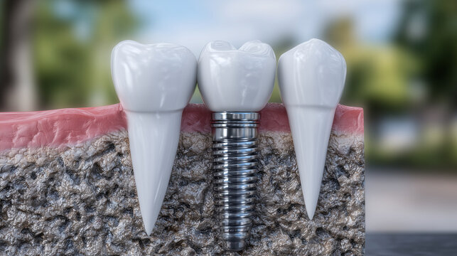Molar implant installation model showing abutment screw tightening sequence, polished implant threads catching highlights, vivid gum and bone layers for clarity, educational dental