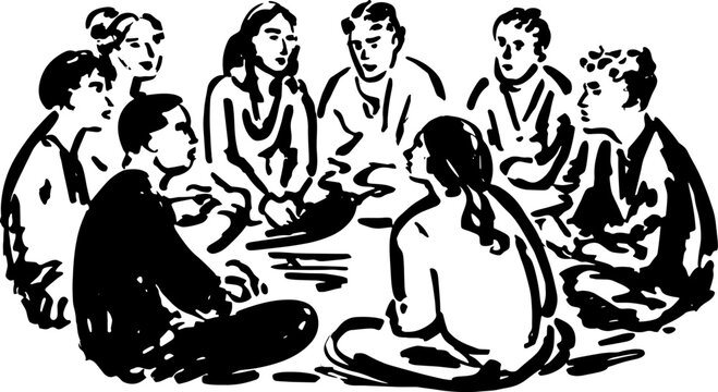Group of people engaged in conversation. Simple vector illustration of a meeting or discussion in a modern style set against a black and white background.