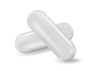 Two white hard starch capsule pills isolated.  White Medical Pills or set closeup, isolated on transparent background. Capsules for Graphics, Mockup. Medical and Healthcare Concept.