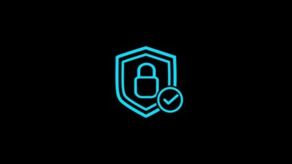 Cyan Icon of a Shield with a Lock and Checkmark on a Black Background padlock security