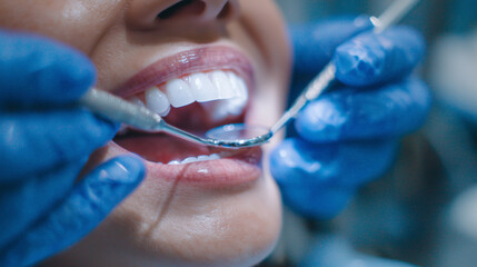 Close-up cinematic shot, dentistâs gloved fingers gently adjusting lip position, selective focus emphasizing a single tooth being examined while the rest of the scene falls away in
