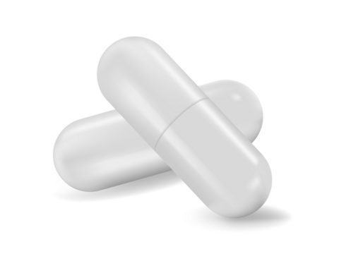 Two white hard starch capsule pills isolated.  White Medical Pills or set closeup, isolated on transparent background. Capsules for Graphics, Mockup. Medical and Healthcare Concept.