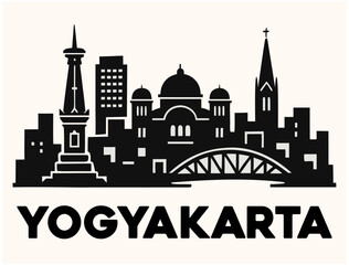 Naklejka premium Yogyakarta City Skyline Silhouette Vector Illustration with Tugu Monument and Heritage Buildings