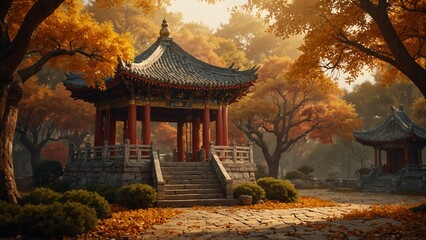 Ancient Chinese pagoda surrounded by aut