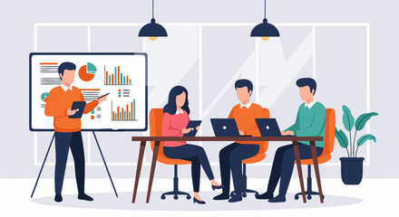 Vector illustration of a professional business team during a meeting, with a speaker presenting data analysis charts to colleagues working on laptops
