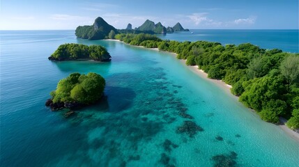 Scenic aerial view showcases a vibrant tropical island coastline featuring crystal clear turquoise ocean waters dense lush green trees a sandy beach visible coral reefs