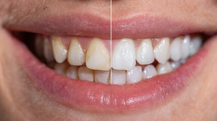 Obraz premium Ultra-close-up of teeth whitening results, left side showing natural stains and shadows, right side glowing with reflective brilliance, refined lighting creating a pristine clinica