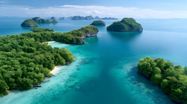 Expansive aerial perspective capturing a chain of verdant rocky islands dotting a pristine clear turquoise sea showcasing a breathtaking natural tropical seascape ideal for travel and explo n
