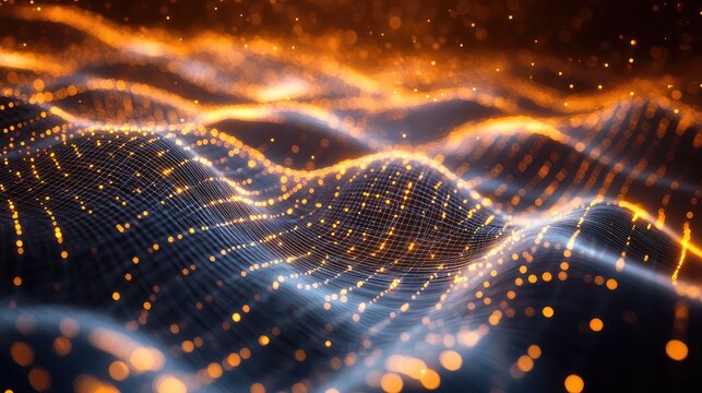 Digital data network connecting glowing particles across a futuristic landscape