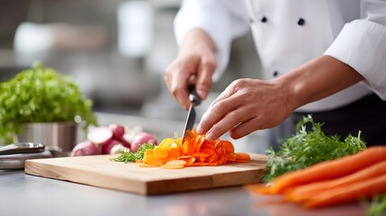 A skilled chef wearing a white uniform precisely slices vibrant orange carrots on a wooden cutting board surrounded by fresh ingredients in a bright professional kitchen setting
