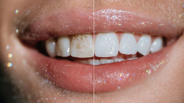 High-resolution aesthetic comparison, close-up of lips and teeth in neutral lighting showing natural flaws on the left and stunning whitened enamel on the right, with faint lens fl