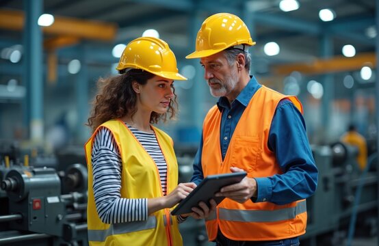 Male and female engineers in hard hats and vests confer over a tablet device on factory floor. They discuss production plans near machinery in industrial plant.