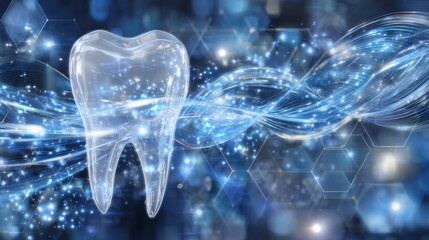 Futuristic dental-themed composition, white tooth with rotating luminous energy bands, blue scientific background with hexagonal patterns and soft light refractions