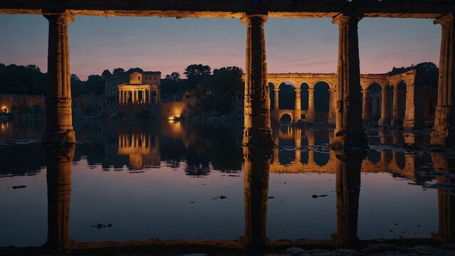 Roman colonnade ruins reflected in lake