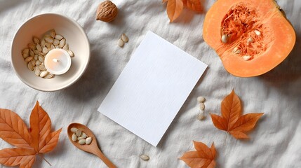 Rustic overhead flat lay of autumn elements half pumpkin bowl of seeds lit candle wooden spoon walnut and scattered fall leaves on textured linen