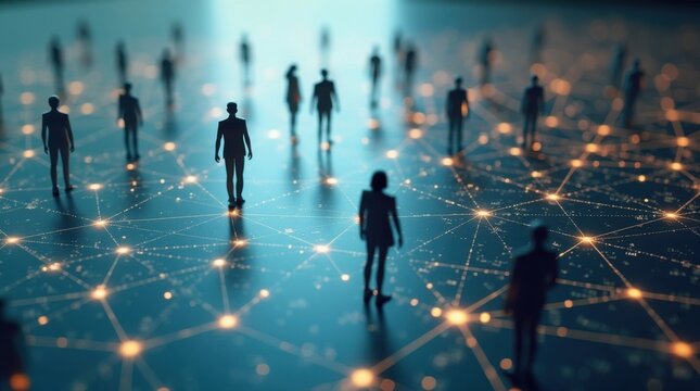 Un hombre destaca en una visualizaci&oacute;n de red con sutiles sombras humanas sobre una cuadr&iacute;cula geom&eacute;trica formada por nodos interconectados