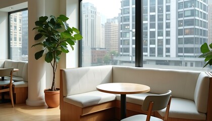Modern office cafe interior with large windows. Comfortable seating booths and tables. City skyline visible through glass. Plant adds green touch.