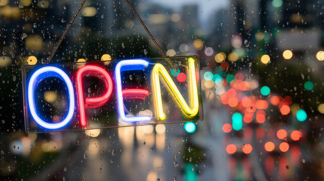 Vibrant neon "OPEN" sign glowing intensely in a shop window at night, reflections shimmering on wet glass, colorful city lights blurred in the background