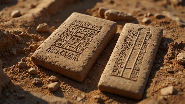 Sumerian clay tablets on sand sunlight f