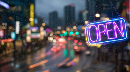 Moody nighttime scene with a neon "OPEN" sign glowing through slightly fogged glass, vibrant light trails blending with the dark urban street